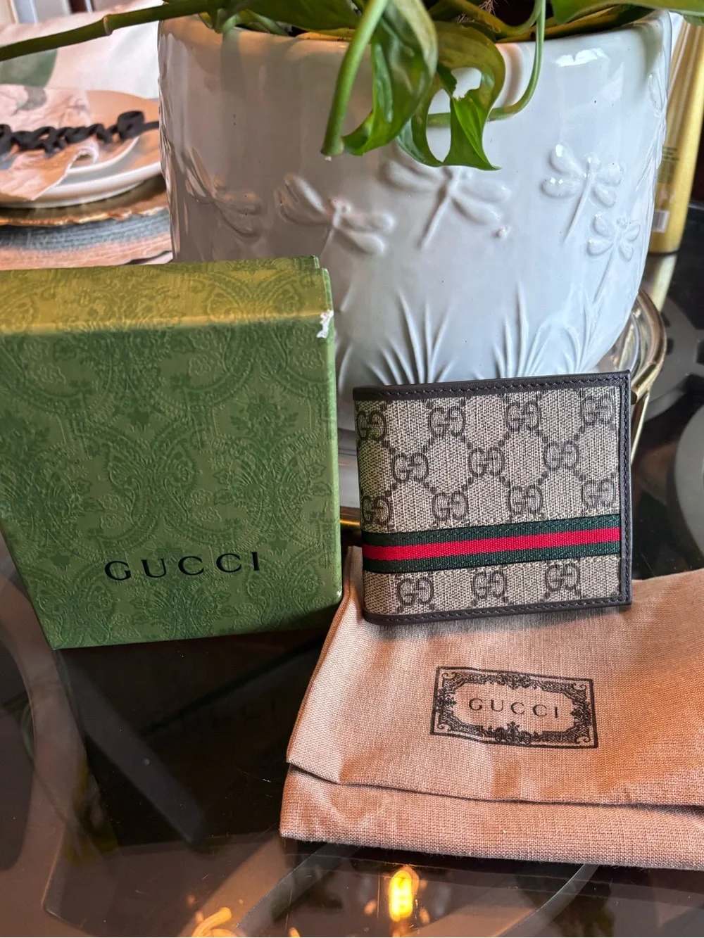Beige GG Supreme Money Clip with Green and Red Web Stripe
